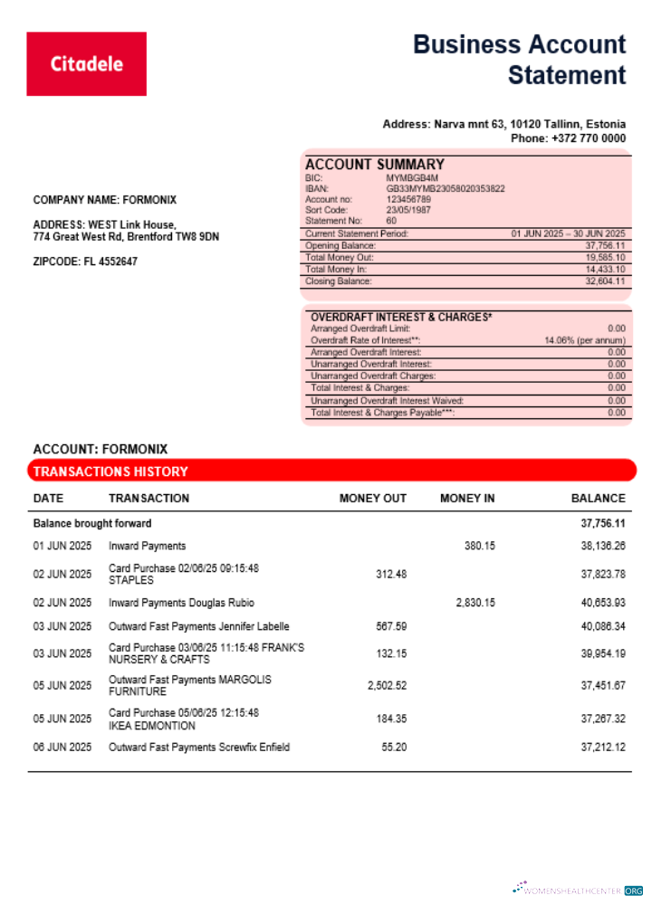 Citadele banka Eesti filiaal AS business account statement Word and PDF template 